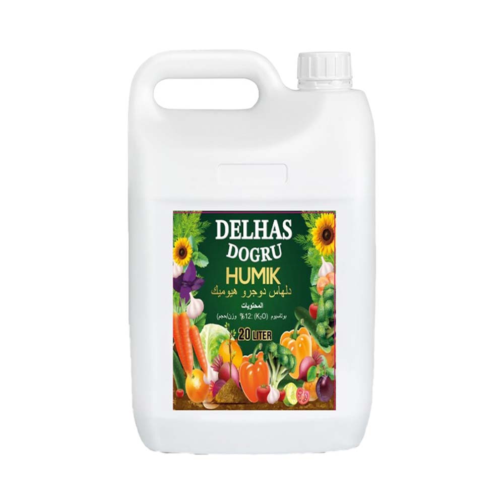 سماد دلهاس هيوميك سائل 20 لتر من شركة الرواد كيم لتحسين خصوبة التربة وزيادة امتصاص العناصر الغذائية